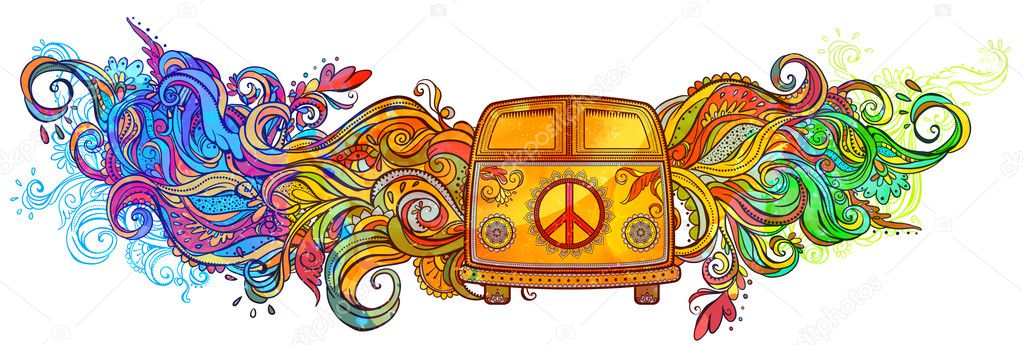 Hippie vintage car a mini van. Ornamental background. Love and Music with hand-written fonts, hand-drawn doodle background and textures. Hippy color vector illustration. Retro 1960s, 60s, 70s