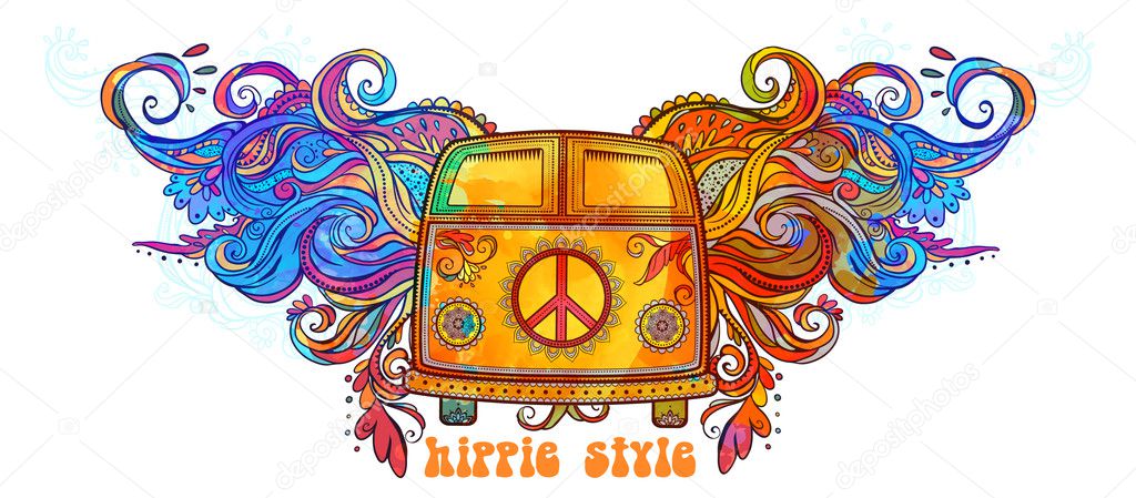 Hippie vintage car a mini van. Ornamental background. Love and Music with hawn doodle background and textures. Hippy color vector illustration. Retro 1960s, 60s, 70s