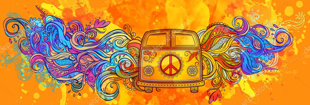 Hippie vintage car a mini van. Ornamental background. Love and Music with hawn doodle background and textures. Hippy color vector illustration. Retro 1960s, 60s, 70s