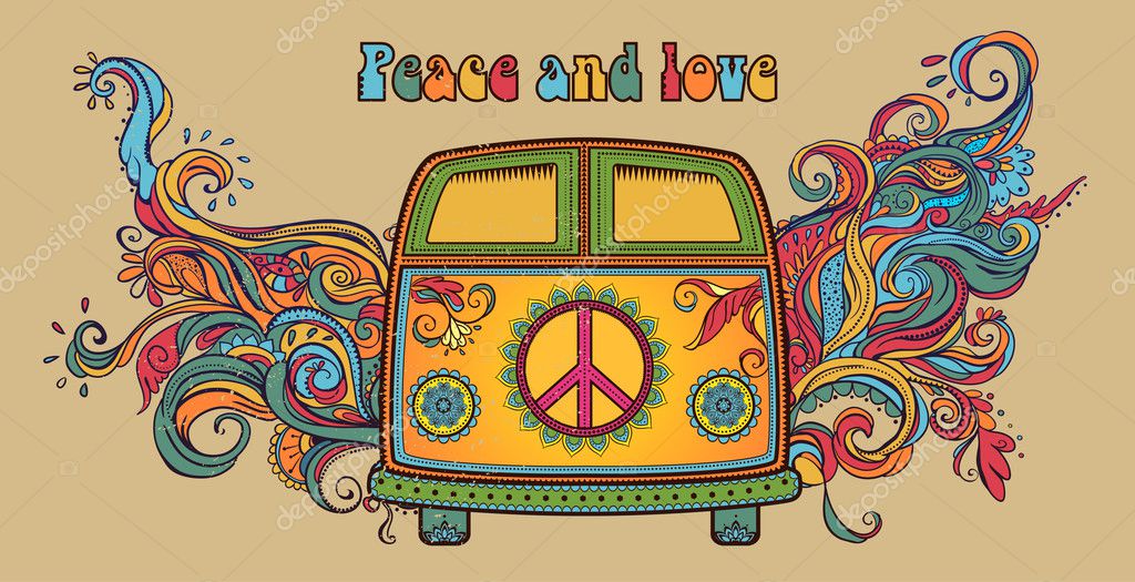 Hippie vintage car a mini van. Ornamental background. Love and Music with hand-written fonts, hand-drawn doodle background and textures. Hippy color vector illustration. Retro 1960s, 60s, 70s