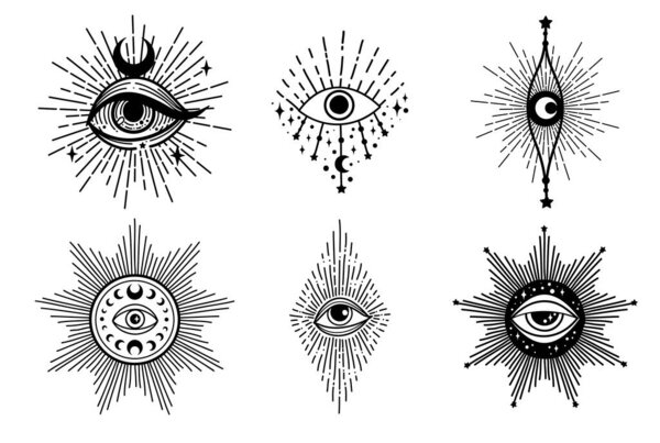 Evil eye set. Eye of Providence. Lineart Vector illustration. Magic celestial witchcraft symbol. Masonic symbol. Hand drawn logo or emblem