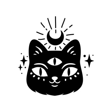 Gizemli boho seti, Vektör illüstrasyonu. Kedi ayı, Göz, El çizimi logo, çizgi sanatı, Cadılar Bayramı