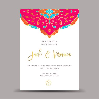 Vektör mandala desenli davetiye tasarımı. Süslü çiçek çerçevesi. Klasik süs kartı. Altın, lüks düğün davetiyesi