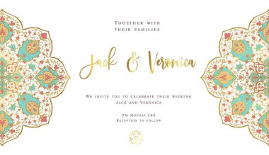Vektör mandala desenli davetiye tasarımı. Süslü çiçek çerçevesi. Klasik süs kartı. Altın, lüks düğün davetiyesi