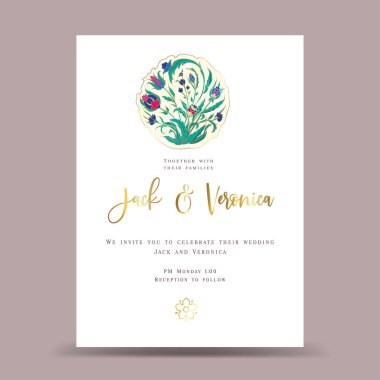 Yuvarlak altın renkli vektör şablonu. - Evet. Süslü çiçek çerçevesi. Klasik süs kartı. Lüks düğün davetiyesi