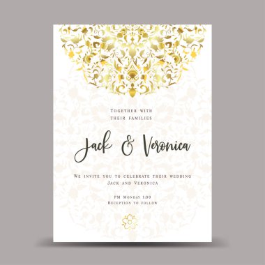 Vektör mandala desenli davetiye tasarımı. Süslü çiçek çerçevesi. Klasik süs kartı. Altın, lüks düğün davetiyesi