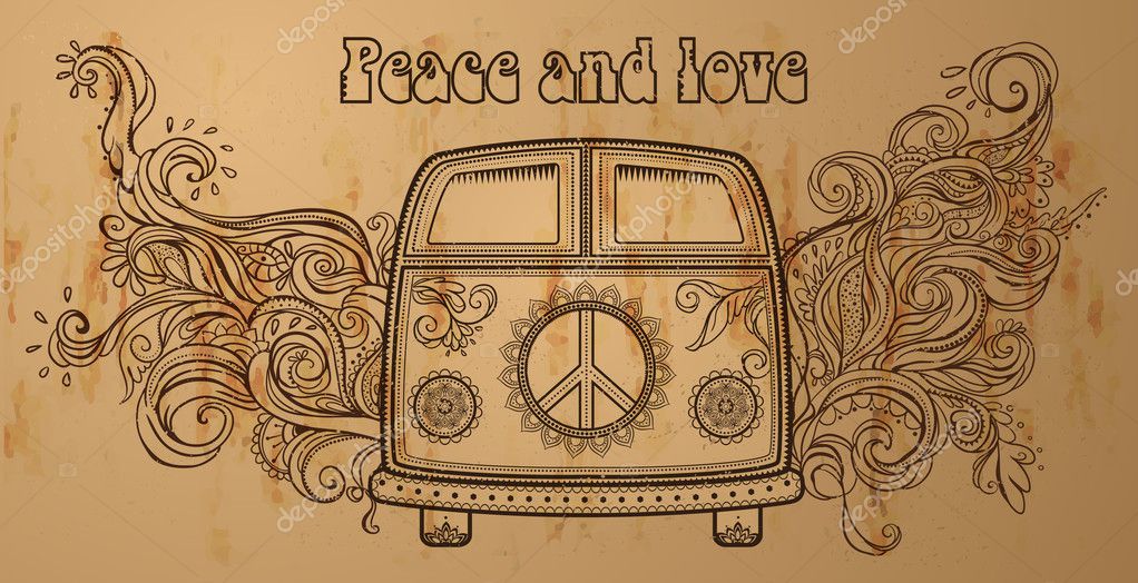 Hippie vintage car a mini van. Ornamental background. Love and Music with hand-written fonts, hand-drawn doodle background and textures. Hippy color vector illustration. Retro 1960s, 60s, 70s
