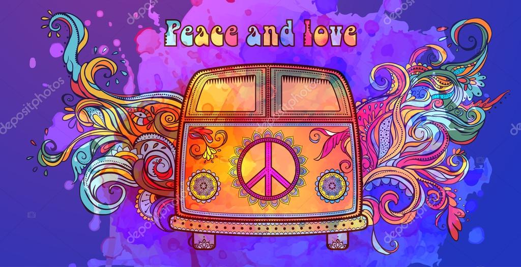 Hippie vintage car a mini van. Ornamental background. Love and Music with hand-written fonts, hand-drawn doodle background and textures. Hippy color vector illustration. Retro 1960s, 60s, 70s