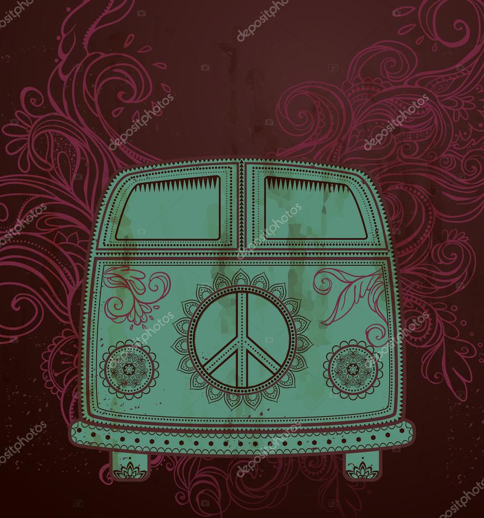 Hippie vintage car a mini van. Ornamental background. Love and Music with hand-written fonts, hand-drawn doodle background and textures. Hippy color vector illustration. Retro 1960s, 60s, 70s
