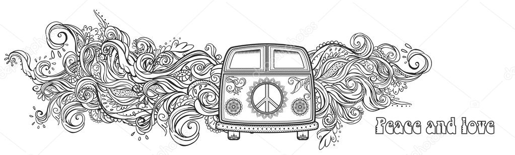 Hippie vintage car a mini van. Ornamental background. Love and Music with hand-written fonts, hand-drawn doodle background and textures. Hippy color vector illustration. Retro 1960s, 60s, 70s