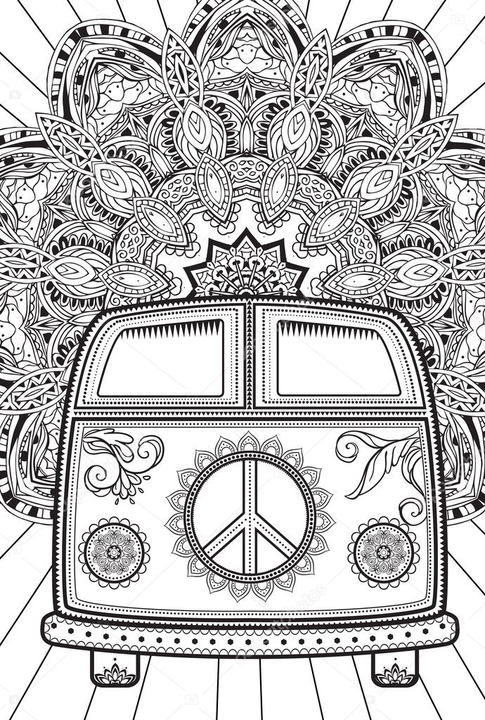 Hippie vintage car a mini van. Ornamental background. Love and Music with hand-written fonts, hand-drawn doodle background and textures. Hippy color vector illustration. Retro 1960s, 60s, 70s