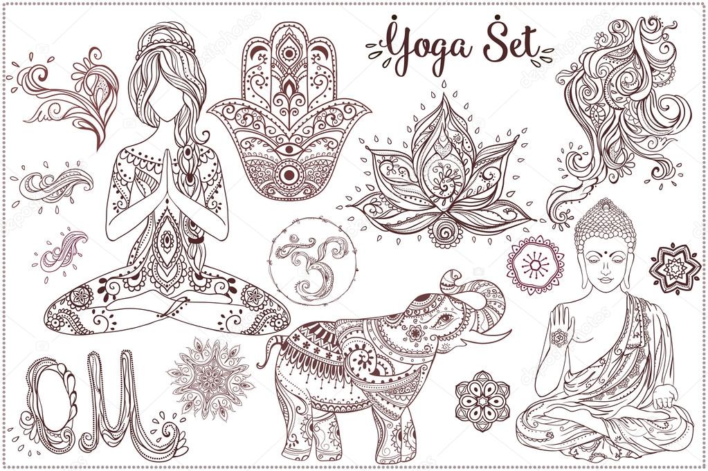 Ornament beautiful card with Set Vector yoga. Geometric element hand drawn. Girls in yoga pose and ornaments, buddha, chakra, elephants, hamsa, om sign, mandalas, kaleidoscope,  medallion, yoga, india