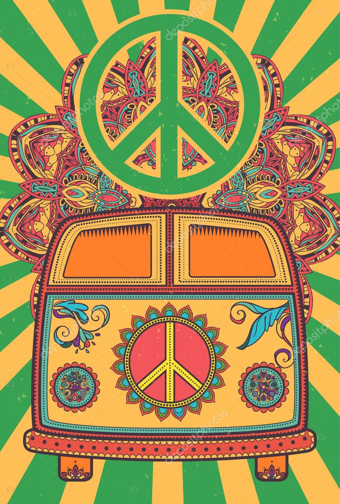 Hippie vintage car a mini van. Ornamental background. Love and Music with hand-written fonts, hand-drawn doodle background and textures. Hippy color vector illustration. Retro 1960s, 60s, 70s