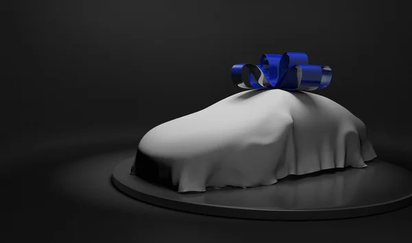 3D samochód zawinięty w białym prześcieradłem i błyszczące kokarda niebieski — Zdjęcie stockowe