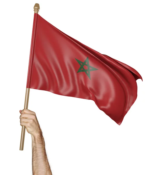 El gururla Fas ulusal bayrağı sallayarak — Stok fotoğraf