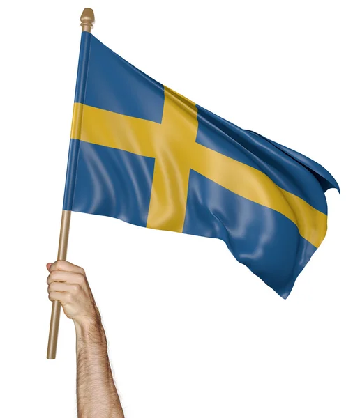 Hand proudly waving the national flag of Sweden — Stock Photo, Image