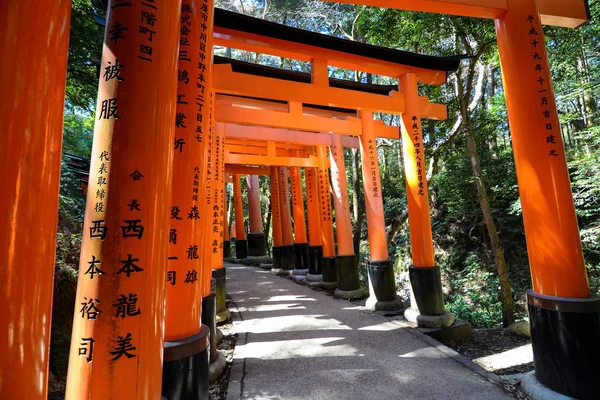 Camino a través de filas de puertas torii rojas en Fushimi Inari-taisha en Kyoto, Japón — Foto de Stock