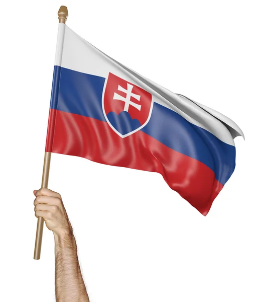 Main agitant fièrement le drapeau national de la Slovaquie, rendu 3D — Photo