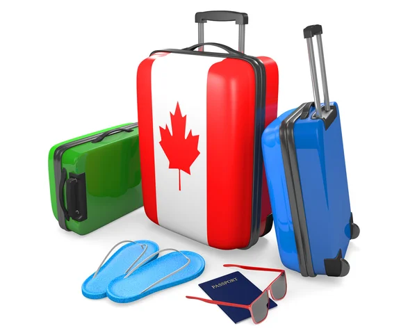 Artículos de equipaje de viaje y accesorios para unas vacaciones desde o hacia Canadá, representación 3D — Foto de Stock