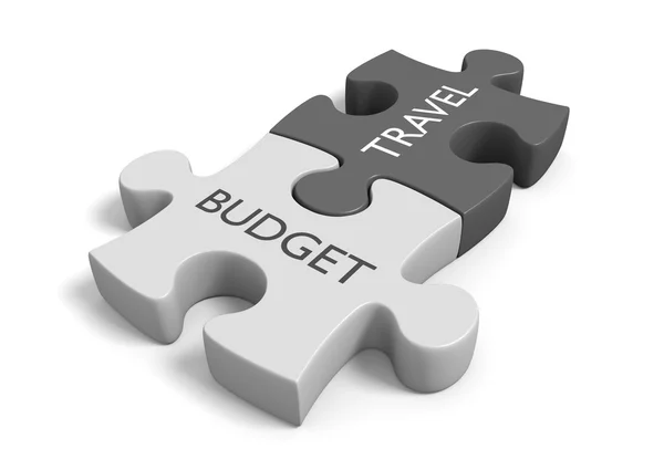 Two connected puzzle pieces with the words budget travel, 3D rendering — Stock Photo, Image