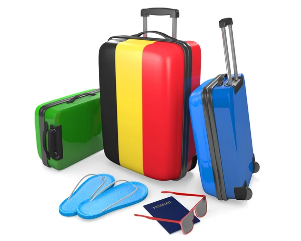Cestovní zavazadlo předměty a doplňky pro dovolenou z Belgie, nebo 3d vykreslování — Stock fotografie