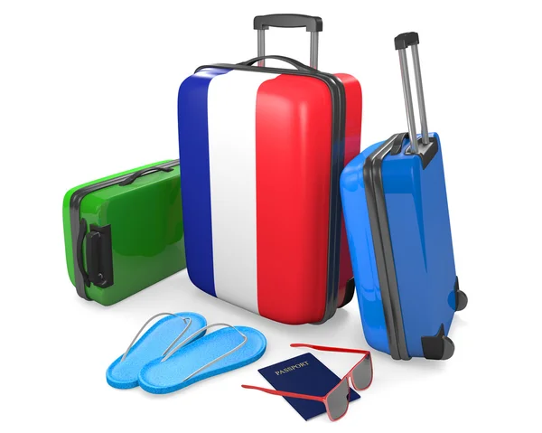 Utazási csomag termékek és kiegészítők a nyaralás vagy Franciaország, a 3d-leképezés — Stock Fotó