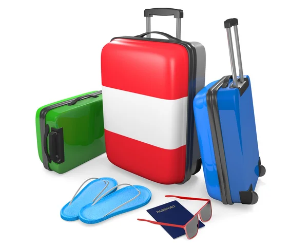 Bagagli da viaggio e accessori per una vacanza da o per l'Austria, rendering 3D — Foto Stock