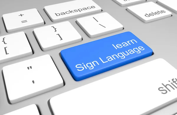 Apprendre la langue des signes sur un clavier d'ordinateur pour que les cours en ligne parlent, lisent et écrivent la langue, rendu 3D — Photo