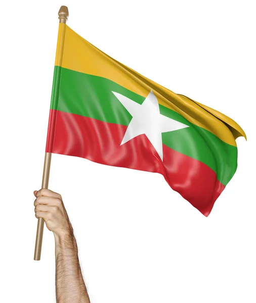 Hand stolt viftar den nationella flaggan av Myanmar, 3d-rendering — Stockfoto