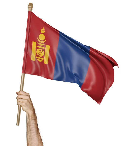 Hand stolt viftar den nationella flaggan av Mongoliet, 3d-rendering — Stockfoto