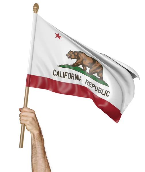 Mano ondeando orgullosamente la bandera del estado de California, representación 3D — Foto de Stock