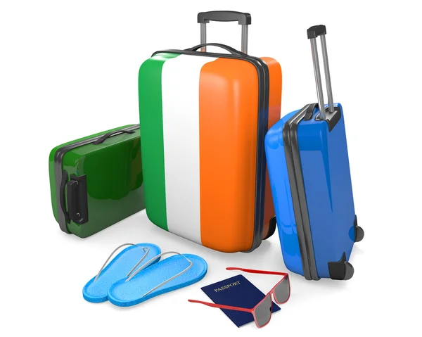 Bagagli da viaggio e accessori per una vacanza da o per l'Irlanda, rendering 3D — Foto Stock