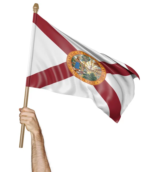 Hand stolz die Staatsflagge Floridas schwenkend, 3D-Darstellung — Stockfoto