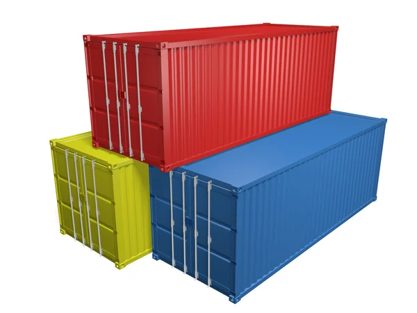 Contenedores de importación y exportación de envíos rojos, amarillos y azules, representación 3D —  Fotos de Stock