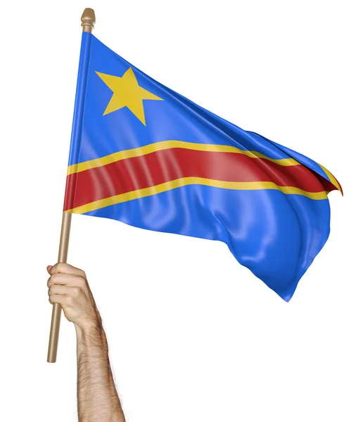 Ruka hrdě mává státní vlajka demokratické republiky Kongo, 3d vykreslování — Stock fotografie