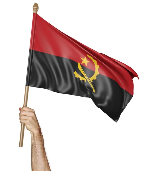 Mão orgulhosamente acenando a bandeira nacional de Angola, renderização 3D — Fotografia de Stock