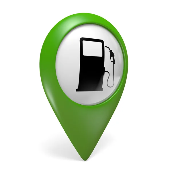 Pictogram van de aanwijzer van de groene kaart met een brandstof pomp symbool voor benzinestations, 3D-rendering — Stockfoto