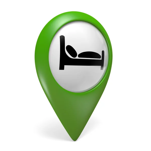 Ícone de ponteiro de mapa verde com um símbolo de cama para hotéis, renderização 3D — Fotografia de Stock