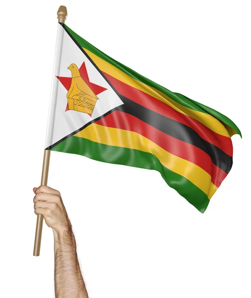 Hand stolt viftar den nationella flaggan i Zimbabwe, 3d-rendering — Stockfoto