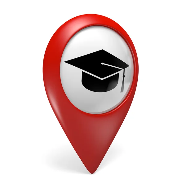 Red map pointer icon with a graduation cap symbol for schools and colleges, 3D rendering — Stock Photo, Image