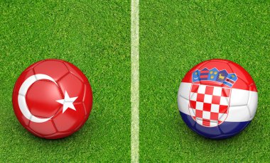 Team balls for Turkey vs Croatia football tournament match, 3D rendering