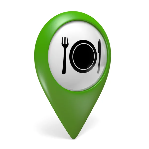 与食肆，3d 渲染的食物板象征绿色地图指针图标 — 图库照片