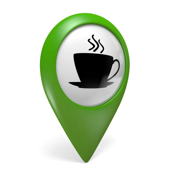 Icono de puntero de mapa verde con un símbolo de taza de café para cafeterías y bistrós, representación 3D — Foto de Stock