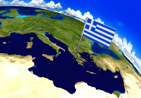 Прапор маркер над країною Греції на карті світу 3D рендеринга — стокове фото
