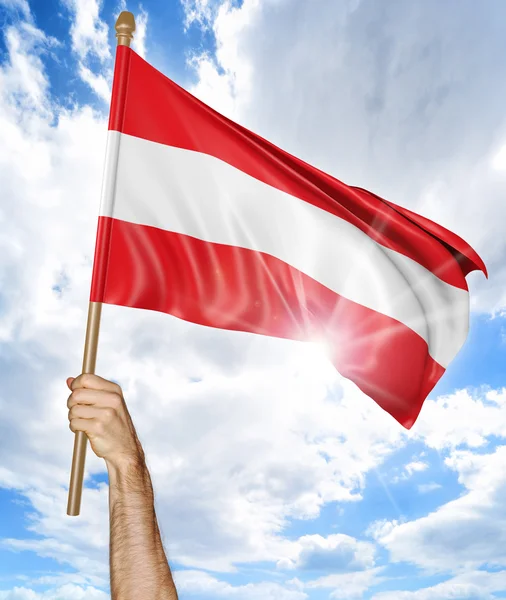 Person's hand holding the Austrian national flag and waving it in the sky, 3D rendering — Stock Photo, Image