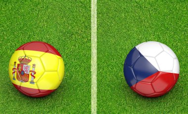 İspanya vs Çek Cumhuriyeti futbol turnuvası maç için takım topları, 3d render