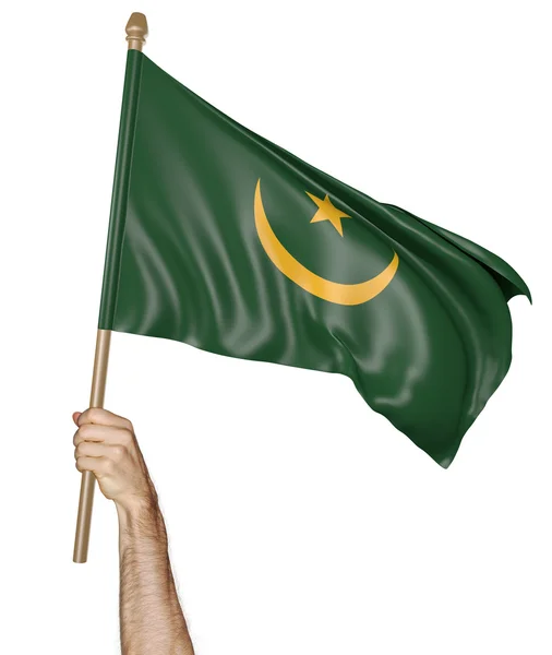 Hrdě mávaje národní vlajkou Mauritánie, prostorové vykreslování — Stock fotografie