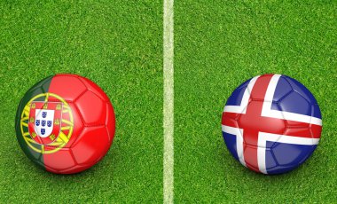 Portekiz vs İzlanda futbol turnuvası maç için takım topları, 3d render