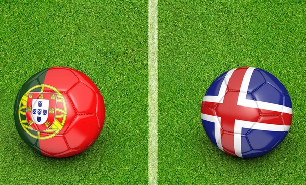 Piłki drużynowe dla Portugalii vs meczu piłki nożnej Islandia, renderowanie 3D — Zdjęcie stockowe