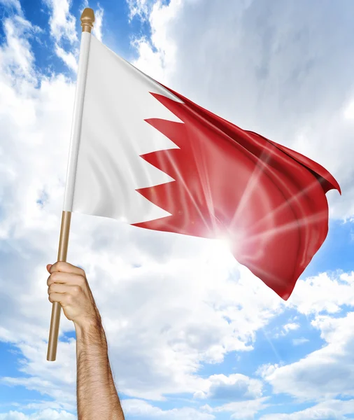 Main de la personne tenant le drapeau national bahreïni et l'agitant dans le ciel, rendu 3D — Photo